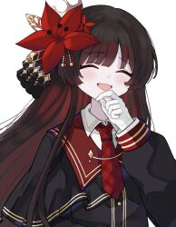  1girl :d ^_^ black_hair black_shirt closed_eyes collared_shirt commentary_request crown facing_viewer flower gloves hair_flower hair_ornament hand_on_own_chin highres long_hair long_sleeves mahou_shoujo_no_majo_saiban necktie nikaido_hiro open_mouth red_flower red_necktie shirt simple_background smile solo tori_(tori_nankotsu96) upper_body white_background white_gloves 