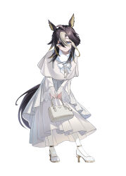  1girl absurdres animal_ears bag blonde_hair blue_eyes bow brown_hair capelet closed_mouth colored_inner_animal_ears commentary_request dream_journey_(snow-white_dreamland)_(umamusume) dream_journey_(umamusume) dress eyewear_strap full_body fuyukayui glasses hair_between_eyes handbag high_heels highres holding holding_bag horse_ears horse_girl horse_tail long_hair long_sleeves multicolored_hair shoes simple_background smile solo standing streaked_hair tail umamusume white_background white_bag white_bow white_capelet white_dress white_hair white_shoes 