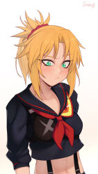  1girl blonde_hair braid breasts cosplay darahan fate/apocrypha fate_(series) green_eyes hair_ornament hair_scrunchie long_hair matoi_ryuuko matoi_ryuuko_(cosplay) mordred_(fate) navel ponytail red_scrunchie revealing_clothes school_uniform scrunchie senketsu simple_background solo suspenders 