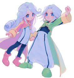  1boy 1girl :d absurdres arm_up black_pantyhose black_shirt blue_eyes blush boots clenched_hand clothing_cutout coat commentary_request dio_(tales) dress flipped_hair full_body green_coat green_shoes grey_hair headband highres holding_hands long_hair long_sleeves looking_at_viewer mel_(tales) nancykittyu open_mouth pajamas pantyhose pencil_dress pink_boots pink_coat shirt shoes short_dress short_hair shoulder_cutout siblings simple_background smile standing tales_of_(series) tales_of_phantasia tales_of_phantasia:_narikiri_dungeon turtleneck twins white_background white_dress white_headband white_pajamas wrist_cuffs yellow_wrist_cuffs 