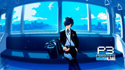  1boy absurdres bag bird black_jacket black_pants black_ribbon blue_hair blue_sky blue_theme can city cityscape closed_eyes closed_mouth clouds collared_shirt copyright_name crossed_legs dress_shirt duffel_bag gekkoukan_high_school_uniform hair_over_one_eye hand_grip hand_in_pocket headphones highres holding jacket listening_to_music logo long_sleeves male_focus mp3_player neck_ribbon official_art pants persona persona_3 persona_3_reload ribbon school_uniform second-party_source shimada_azusa shirt short_hair sitting sky skyline solo train_interior white_shirt yuuki_makoto_(persona_3) 