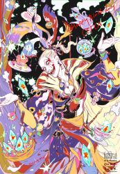  1boy 2025 artist_name black_background blonde_hair cake cake_slice character_name cow crazy_smile crystal cup dated earrings facepaint final_fantasy final_fantasy_vi fingernails food furrowed_brow hair_ribbon happy_birthday highres jacket jewelry kefka_palazzo long_hair looking_at_viewer male_focus multicolored_jacket oju_(ouka) open_mouth ponytail puffy_sleeves ribbon sash sharp_fingernails sign smile solo sword teacup teapot waist_sash weapon 