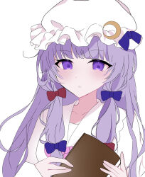  1girl absurdres blue_bow blunt_bangs book bow breasts chest_bow collarbone commentary crescent crescent_hat_ornament dress hair_bow hands_up hat hat_bow hat_ornament highres holding holding_book long_hair long_sleeves looking_at_viewer medium_breasts mob_cap patchouli_knowledge pink_bow puffy_long_sleeves puffy_sleeves purple_hair raruse06 red_bow sailor_collar sidelocks simple_background solo symbol-only_commentary teeth touhou upper_body violet_eyes white_background white_dress white_hat 