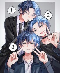  1boy :d aoyagi_touya black_choker black_nails black_shirt blue_hair blue_necktie choker closed_mouth collared_shirt commentary curtained_hair ear_piercing fingernails grey_background grey_eyes hands_up highres index_finger_raised jewelry lapels layered_clothes long_sleeves looking_at_viewer male_focus mole mole_under_eye multicolored_hair multiple_views necklace necktie notched_lapels official_alternate_costume official_alternate_hairstyle open_mouth piercing project_sekai ring shirt short_hair smile speech_bubble split-color_hair toya108nya twitter_username two-tone_hair v white_shirt zozotown 