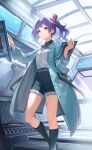 1girl absurdres black_shorts black_socks collared_shirt commentary_request crazy_ones highres holding holding_tablet_pc indoors lab_coat official_art purple_hair qianye_zhizi science_fiction screen_light shirt shorts side_ponytail socks standing tablet_pc white_shirt yellow_eyes 