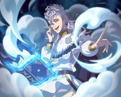  1girl absurdres black_clover black_clover_m:_rise_of_the_wizard_king book capelet dress earrings fur_capelet grey_hair grimoire highres jewelry long_hair looking_at_viewer nebra_silva non-web_source official_art open_book open_mouth pink_eyes silver_eagle_(emblem) solo teeth upper_teeth_only white_capelet white_dress 
