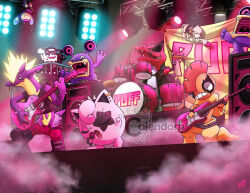  ._. aipom artist_name band_(music) black_boots black_jacket black_shirt boots bracelet camera closed_mouth clothed_pokemon commentary concert ditto drum drum_set drumsticks ear_piercing english_commentary face_piercing facepaint fang fangs fog galarian_zigzagoon guitar holding holding_camera holding_drumsticks holding_guitar holding_instrument holding_microphone holding_own_tail instrument jacket jewelry jigglypuff krookodile loudred microphone music no_humans nose_piercing nostrils open_clothes open_jacket open_mouth pants piercing pink_pants playing_instrument pokemon pokemon_(creature) pokemon_focus scrafty shirt signature singing skin_fang smeargle smile speaker spiked_bracelet spikes stage stage_lights star_(symbol) tail teeth thecalendork tongue torn_clothes torn_sleeves toxtricity toxtricity_(amped) transformed_ditto uvula v-shaped_eyebrows watermark 