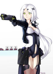  1girl absurdres aiming commentary concentrating dinergate_(girls'_frontline) energy_gun english_commentary green_eyes highres hunter_(girls'_frontline) jacket meme sangvis_ferri sharku_(user_ymua2354) simple_background thighs weapon white_hair yusuf_dikec_(meme) 