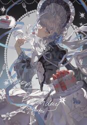  1girl blue_bow blue_eyes blunt_bangs bow cake cake_slice commission dress eyelashes fingernails flower food fork gongye_feishui hair_intakes hair_ornament hairpin happy_birthday headdress highres holding holding_fork juliet_sleeves long_hair long_sleeves looking_at_viewer mihuashi_commission original plate puffy_sleeves rose sidelocks solo spoon watermark white_flower white_hair white_rose 