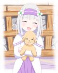  1girl blush braid dress emilia_(re:zero) flower grey_hair grin hair_between_eyes hair_flower hair_ornament hair_ribbon highres holding kaedemarine long_hair open_mouth pointy_ears purple_ribbon re:zero_kara_hajimeru_isekai_seikatsu ribbon smile solo standing violet_eyes white_flower white_hair x_hair_ornament 