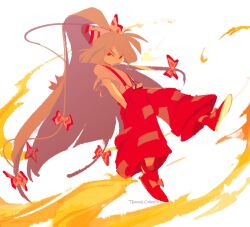  1girl baggy_pants bow commentary fire floating footwear_bow frown fujiwara_no_mokou full_body grey_hair hair_bow hands_in_pockets long_hair multiple_hair_bows ofuda ofuda_on_clothes pants red_pants red_shoes shirt shoes short_sleeves solo suspenders temmie_chang torn_clothes torn_sleeves touhou very_long_hair walking warm_colored white_background white_shirt 