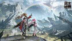  2girls angelina_(arknights) animal_ear_fluff animal_ears arknights arknights:_endfield arms_behind_back ata-zhubo bare_shoulders black_boots black_horns black_thighhighs boots brown_hair canister clouds coat day dress elevation_contour_lines floating_clothes floating_hair fox_ears fox_girl from_behind from_side full_body gilberta_(arknights) grey_dress hashtag-only_commentary headpiece high_collar highres hill horns long_hair long_sleeves midriff moon multicolored_horns multiple_girls off_shoulder open_clothes open_coat orange_eyes originium_(arknights) outdoors outstretched_arm overcast pants pink_hair pink_horns pink_tube_top planet platform_boots reaching red_coat scenery short_dress sky sleeveless sleeveless_dress strapless thigh-highs tube_top twintails two-tone_horns white_pants yvonne_(arknights) zettai_ryouiki 