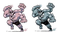  2others belt biceps black_shorts clenched_hands coolstickarts english_commentary extra_arms limited_palette machamp multiple_others muscular no_humans parody pixel_art pokemon pokemon_(creature) pokemon_rgby running shorts simple_background smile studded_belt style_parody thick_lips white_background 