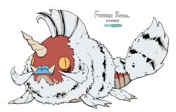  1other blue_lips body_fur claws closed_mouth commentary coolstickarts facial_hair fakemon fangs fins highres horns lying mohawk mustache no_humans on_stomach pokemon pokemon_(creature) redesign seaking simple_background single_horn slit_pupils solo tail white_background white_fur yellow_eyes 