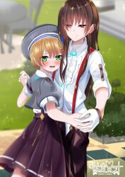  2girls absurdres black_hair blush brown_eyes dancing eririntrap gloves green_eyes hat heaven_burns_red highres holding_hands long_hair maruyama_kanata multiple_girls red_eyes short_hair suspenders white_gloves yanagi_mion 