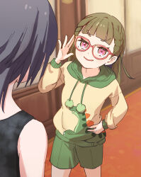  2girls :d black_hair black_tank_top braid brown_hair center-flap_bangs commentary_request glasses green_shorts hallway highres hood hoodie indoors jellyfish_cut kachimachi_kosuzu kachimachi_kosuzu_(summer_loungewear) katsuragi_izumi katsuragi_izumi_(summer_loungewear) lao_ren_xing link!_like!_love_live! long_hair long_sleeves looking_at_another love_live! multicolored_eyes multiple_girls open_mouth parted_lips pink_eyes red-framed_eyewear shorts side_braids smile solo_focus tank_top two-tone_eyes v-shaped_eyebrows virtual_youtuber yellow_eyes yellow_hoodie 