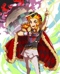  :d aged_down arm_up baseball_cap black_hat black_shirt blonde_hair cape champion_uniform character_doll closed_eyes closed_mouth commentary_request cosplay doll dynamax_band fire floating_hair forked_eyebrows fur-trimmed_cape fur_trim gloves hashimoto_(yanagi-momo) hat holding holding_poke_ball kamado_tanjirou kimetsu_no_yaiba leggings leon_(pokemon) long_hair looking_at_viewer male_focus multicolored_eyes multicolored_hair multiple_boys open_mouth partially_fingerless_gloves pointing pointing_up poke_ball poke_ball_(basic) pokemon print_shirt red_cape red_eyes red_hair rengoku_kyoujurou scar scar_on_face scar_on_forehead shirt short_shorts short_sleeves shorts single_glove smile smoke solo sparkle standing teeth tongue two-tone_hair upper_teeth_only white_shorts wristband yellow_eyes 