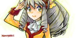  1girl ascot bad_drawr_id bad_id bow copyright_name drill_hair goggles goggles_on_head green_eyes grey_hair hair_bow long_hair long_sleeves maria_balthasar open_mouth saikachi_(ogre_tree) solo teeth upper_body upper_teeth_only white_ascot xenogears yellow_bow 