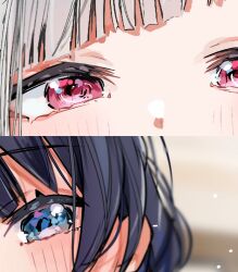 2girls absurdres blue_eyes blue_hair blurry blurry_background blush close-up commentary_request eye_focus grey_hair highres jin_(oihlf) link!_like!_love_live! love_live! multiple_girls murano_sayaka pink_eyes virtual_youtuber yugiri_tsuzuri 