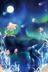  alternate_color alternate_form aurora black_fur cleffa colored_skin commentary_request floating full_moon grass highres jirachi lake looking_up minior minior_(blue_core) minior_(core) minior_(red_core) moon mountainous_horizon night no_humans pink_skin pokemon pokemon_(creature) red_eyes ripples shiny_pokemon shooting_star sky star_(sky) star_(symbol) starry_sky tanzaku tree umbreon water youcing 