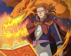 1boy absurdres black_clover black_clover_m:_rise_of_the_wizard_king blue_jacket book breath_weapon breathing_fire brown_hair cape dragon facial_mark fire forehead_mark fuegoleon_vermillion grimoire highres jacket long_hair looking_at_viewer non-web_source official_art open_book pants pink_sash pyrokinesis red_cape salamander_(black_clover) sash violet_eyes waist_sash white_pants 