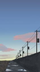  absurdres blue_sky clouds commentary gradient_sky grass highres kani_etizen03 no_humans orange_clouds original outdoors path power_lines puddle reflection scenery sky utility_pole water yellow_sky 