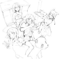  4girls absurdres arm_warmers bang_dream! bang_dream!_it's_mygo!!!!! clothes_around_waist commentary english_commentary greyscale hair_ornament highres jacket jacket_around_waist kaname_raana long_hair monochrome multiple_girls nagasaki_soyo open_mouth raana_the_cat shirt short_sleeves sidelocks sweatdrop takamatsu_tomori v xenoee 