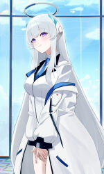  1girl absurdres black_pantyhose blue_archive blue_necktie breasts bwalg_(aftv5725) halo headgear highres jacket large_breasts long_hair looking_at_viewer mechanical_halo necktie noa_(blue_archive) open_clothes open_jacket pantyhose very_long_hair violet_eyes white_hair white_halo white_jacket window 