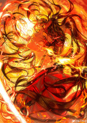  1boy absurdres baicumikuo black_hair breath_weapon breathing_fire chinese_commentary commentary_request earrings fire floating_hair hanafuda_earrings haori head_back head_tilt high_ponytail highres japanese_clothes jewelry kimetsu_no_yaiba long_hair looking_at_viewer looking_back looking_to_the_side male_focus orange_background orange_theme parted_lips ponytail red_eyes red_haori solo tsugikuni_yoriichi upper_body very_long_hair warm_colored watermark weibo_watermark 