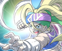  1girl blonde_hair blue_eyes clenched_hands commentary_request fingerless_gloves fingernails gloves green_headband hair_between_eyes headband highres korrina_(pokemon) long_hair mega_stone midriff open_mouth outstretched_arm pokemon pokemon_legends:_z-a purple_headband sleeveless solo teeth v-shaped_eyebrows wafers_(jwmd7557) white_gloves 