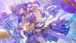  1girl absurdres balloon blonde_hair colored_inner_hair concert confetti dress gold_tiara gradient_hair highres hololive hololive_dreams hololive_indonesia long_hair looking_at_viewer moona_hoshinova multicolored_hair official_alternate_costume open_mouth purple_hair sleeveless solo starry_hair two-tone_hair very_long_hair violet_eyes virtual_youtuber white_dress 