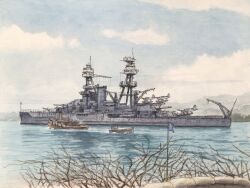  aircraft aircraft_catapult atelier_bono battleship blue_sky boat cannon casemate clouds commentary_request hawaii highres mast military military_vehicle mountainous_horizon ocean original outdoors painting_(medium) pearl_harbor sailing ship ship_turret sky smokestack traditional_media tugboat uss_nevada_(bb-36) vehicle_focus warship watercolor_(medium) watercraft 