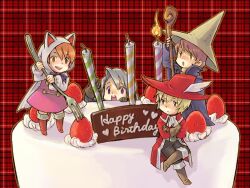  1girl 3boys :d :o arc_(ff3) belt birthday_cake black_mage_(final_fantasy) black_pants blonde_hair blue_eyes boots brown_boots brown_eyes brown_gloves brown_hair cake candle chocolate coat commentary_request crossed_arms devout dress final_fantasy final_fantasy_iii food fork freckles fruit gloves grey_hair happy_birthday hat hat_feather holding holding_fork holding_staff ingus knee_boots luneth multiple_boys open_mouth orange_eyes orange_hair pants pink_dress plaid_background red_boots red_coat red_hat red_mage_(final_fantasy) refia saikachi_(ogre_tree) short_hair sitting smile staff strawberry strawberry_cake teeth upper_teeth_only violet_eyes white_belt witch_hat 