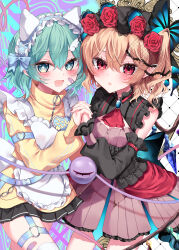 2girls absurdres alternate_costume alternate_headwear apron arm_belt ascot back_bow bandaid bandaid_on_face bandaid_on_thigh black_bow black_hat black_skirt blonde_hair blush bow brooch brown_dress commentary_request cowboy_shot crystal crystal_wings detached_sleeves dress eyeball flandre_scarlet flower green_eyes green_hair hair_flower hair_ornament hairband hat highres holding_hands interlocked_fingers jacket jersey_maid jewelry komeiji_koishi looking_at_viewer maid maid_apron medium_hair mob_cap multicolored_wings multiple_girls name_tag one_side_up open_mouth red_ascot red_eyes red_flower red_nails red_rose rori82li rose skirt smile thigh-highs thigh_strap third_eye touhou unconventional_maid white_apron white_hairband white_thighhighs wing_hair_ornament wings yellow_jacket 