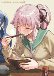  2girls :t animal blue_hair blue_jacket blush bowl brown_background brown_cardigan cardigan chopsticks closed_eyes closed_mouth commentary_request commission dated eating food gotland_(kancolle) green_sailor_collar holding holding_chopsticks jacket kantai_collection multiple_girls noodles pink_hair ponytail sailor_collar sheep shirt shrimp shrimp_tempura simple_background skeb_commission solo_focus tantaka tempura twitter_username upper_body white_shirt yura_(kancolle) 