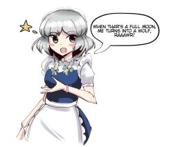  1girl apron arm_up blue_skirt blush_stickers bow braid collared_shirt commentary cowboy_shot double_dealing_character english_commentary english_text green_bow grey_eyes grey_hair hair_bow highres izayoi_sakuya maid maid_headdress medium_hair multiple_hair_bows open_mouth puffy_short_sleeves puffy_sleeves qwinniup shirt short_sleeves sideways_glance simple_background skirt solo speech_bubble star_(symbol) touhou twin_braids waist_apron white_apron white_background white_shirt zun_pose 