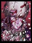  alfred_(fire_emblem) blonde_hair blood blood_on_face circlet closed_mouth fire_emblem fire_emblem_engage flower green_eyes hair_over_one_eye highres looking_at_viewer male_focus portrait short_hair syn_deli 