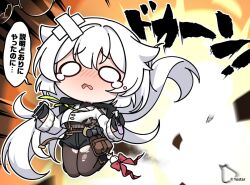  1girl black_boots black_pantyhose black_shorts black_sweater blush boots broken burnt_clothes chibi chibi_only commentary_request copyright_logo copyright_name copyright_notice crossed_bandaids crying crying_with_eyes_open explosion explosion_background failure fuyuka_(probation_period_cleared!)_(stella_sora) fuyuka_(stella_sora) hair_flaps holding holding_test_tube jacket legs_up logo long_hair long_sleeves nose_blush official_art open_mouth pantyhose raised_inner_eyebrows short_shorts shorts solo speech_bubble stella_sora sweater tears test_tube torn_clothes torn_pantyhose translation_request turtleneck turtleneck_sweater very_long_hair white_hair white_jacket wide_oval_eyes 