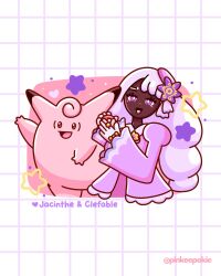  1girl character_name clefable commentary dark-skinned_female dark_skin dress english_commentary fascinator gloves grid_background hat heart highres holding holding_poke_ball jacinthe_(pokemon) long_hair long_sleeves open_mouth pink_dress pink_hat pinkeepokie poke_ball poke_ball_(basic) pokemon pokemon_(creature) pokemon_legends:_z-a purple_hair smile star_(symbol) very_dark_skin white_gloves 
