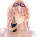  1girl birthmark dress hands_on_own_face highres one_eye_closed pencil pink_hair sheirco_(sos_official) signature solo sos_official_(vtuber) violet_eyes white_dress you_yeyou0904 