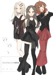  3girls ? ahoge arms_behind_back belt black_belt black_boots black_choker black_dress black_shirt black_shoes black_thighhighs blonde_hair blush boots brown_hair choker collared_shirt colored_eyelashes commentary_request cross cross_necklace dress fan_request flipped_hair full_body gakuen_idolmaster goth_fashion hair_ornament hairclip hanami_ume hand_on_own_chest highres idolmaster jewelry kuramoto_china latin_cross laurels leaf_hair_ornament long_hair long_skirt looking_at_viewer medium_hair multiple_girls necklace odaibako one_eye_closed open_mouth orange_eyes parallel_hairclips parted_bangs parted_lips red_skirt request_inset ruo_015 shinosawa_hiro shirt shoes short_dress single_off_shoulder skirt sleeveless sleeveless_dress standing t-shirt thigh-highs translation_request white_background 