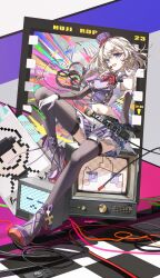  1girl :d azur_lane bare_shoulders belt black_belt blonde_hair blue_eyes blush braid breasts buttons cd commentary_request crt double-breasted full_body gloves happy hat high_heels highres holding_cd knee_up medium_breasts medium_hair microphone mini_hat miniskirt multicolored_hair multiple_belts my_neighbor_totoro_yerby navel pleated_skirt shirt single_braid sitting skirt sleeveless sleeveless_shirt smile solo streaked_hair television thigh-highs white_gloves z23_(azur_lane) z23_(serious_idol_@acting_manager?!)_(azur_lane) 