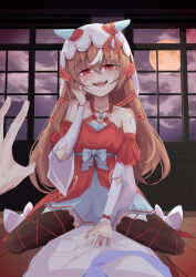  1boy 1girl absurdres animal_ears blush breasts brown_hair clouds collarbone highres horse_ears horse_tail long_hair moon mosseimen555 open_mouth pov pov_hands red_eyes sitting sitting_on_person small_breasts still_in_love_(umamusume) sweat tail teeth thigh-highs umamusume veil 