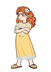  1girl bead_necklace beads closed_mouth curly_hair dragon_quest dragon_quest_vii dress earrings flower full_body hair_flower hair_ornament heart heart_earrings highres jewelry long_hair maribel_(dq7) necklace orange_hair simple_background slippers solo uranagi_(uranaginasi) white_background yellow_dress 