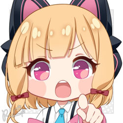  1girl animal_ear_headphones animal_ears blue_archive blue_necktie blunt_bangs bow chibi collared_shirt commentary dress_shirt english_commentary fake_animal_ears fpsmoe hair_bow headphones medium_hair momoi_(blue_archive) necktie no_nose open_mouth pink_eyes pointing pointing_at_viewer red_bow shirt signature solo teeth upper_body upper_teeth_only v-shaped_eyebrows white_shirt 
