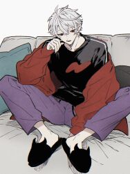  1boy alternate_costume artist_name black_shirt black_slippers commentary full_body hair_between_eyes highres jacket kuzuha_(nijisanji) long_sleeves male_focus mole mole_under_eye nijisanji on_bed open_clothes open_jacket open_mouth pants pointy_ears purple_pants red_eyes red_jacket ryuyuep shirt short_hair simple_background sitting slippers solo virtual_youtuber white_background white_hair 