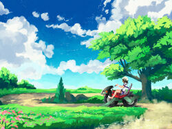  1girl blue_sky brown_hair bush clouds commentary cyclizar day dust english_commentary grass helmet holding_handlebar metanagon necktie open_mouth outdoors path pokemon pokemon_(creature) pokemon_sv purple_necktie purple_shorts riding riding_pokemon rock running scenery school_uniform shirt shoes short_hair short_sleeves shorts sky star-shaped_eyewear star_(symbol) sunglasses team_star team_star_grunt tongue tongue_out tree uva_academy_school_uniform white_helmet white_shirt white_shoes yellow-framed_eyewear 