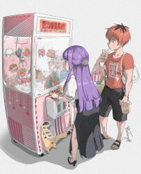  1boy 2girls black_shirt blush bosstseng bubble_tea crane_game drinking fern_(sousou_no_frieren) frieren green_eyes grey_background grey_hair hair_ornament high_heels highres long_hair mimic mimic_chest multiple_girls pikachu pokemon pokemon_(creature) profile purple_hair red_hair red_shirt sandals shadow shirt signature sousou_no_frieren stark_(sousou_no_frieren) translation_request 