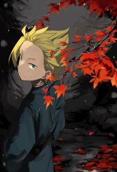  1boy 8_humi autumn_leaves blonde_hair blue_kimono branch closed_mouth garfiel_tinsel green_eyes highres japanese_clothes kimono leaf looking_at_viewer looking_back male_focus maple_leaf outdoors re:zero_kara_hajimeru_isekai_seikatsu scar scar_across_eye scar_on_face scar_on_forehead school_uniform short_hair sketch smile solo 