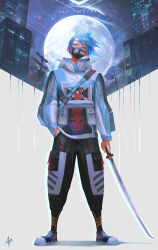  1boy absurdres animal_print artist_name basket black_mask black_pants blue_eyes blue_hair blue_jacket blue_shoes building cityscape commentary commission earrings english_commentary english_text eyelashes full_body full_moon grey_background hand_in_pocket highres holding holding_sword holding_weapon jacket jewelry katana long_sleeves looking_at_viewer male_focus mask moon mouth_mask night original outdoors pants paul_nong rabbit_print rain shadow shoes short_hair signature skyscraper solo standing stud_earrings sword transparent_outline utility_pole weapon 
